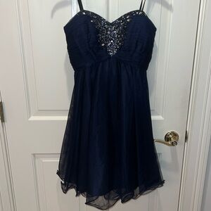 Strapless navy formal mini dress with beaded accent